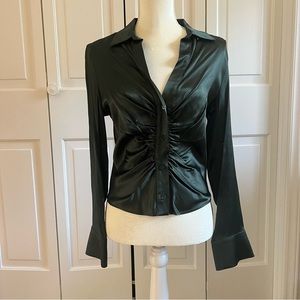 Green Zara fitted button down with ruched detailing